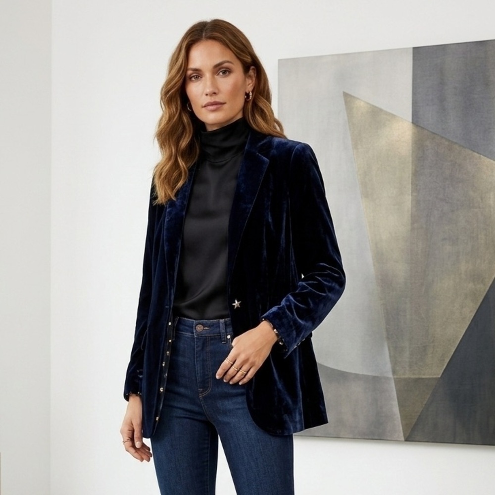 Ted Baker ($550) Dark Navy Velvet Blazer Size 2 US 6 Tailored Evening | AS IS